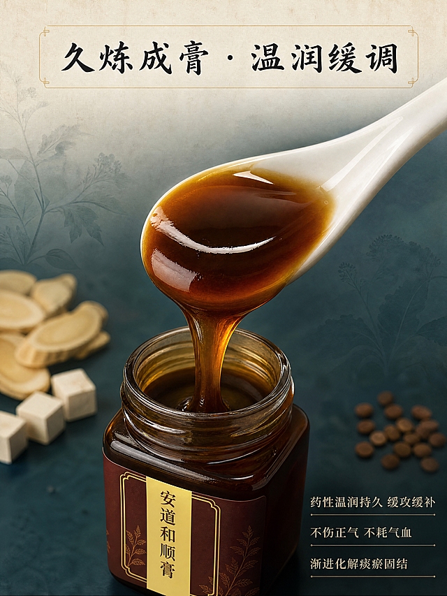 【商品】使用【图10】开盖膏体微距为膏体质感依据、使用【图9】礼盒与罐身组合为产品外观配色依据：保留膏体琥珀色、温润光泽、可拉丝的半流体黏稠状态，不改变膏体颜色、质地与罐身标签文字；本屏使用白色瓷勺舀起膏体，符合真实食用方式（舀取）。
【画面】剂型优势页，微距特写。画面主体为一把白色瓷勺舀起琥珀色膏体，膏体温润拉丝、光泽细腻、垂坠感自然，占据画面中心约60%；背景为黛青色渐晕与草本虚影（黄芪片、茯苓块、酸枣仁淡影），形成前中后三层；画面上部留白区横排主标题，右下角区域横排三条支撑小字；勺、膏体、背景三者层次分明，产品信息面清晰。
【视觉】套系策略：风格=新中式高端养生国风微距静物摄影；标题字=楷书书法体；正文字=细宋体；主色=暖米白宣纸底+黛青墨绿；背景延展=以黛青作深浅渐晕并叠加极淡水墨草本虚影与宣纸颗粒，不用冷蓝；强调色=琥珀金，仅用于膏体高光、细线与标签；标题色=墨黑；正文色=中暖灰墨；组件=细金线细边框、留白；光影=柔和的顶部漫射光加轻微侧逆轮廓光，低饱和、无强烈硬对比，膏体呈现温润半透质感。
【文字】上部横排主标题“久炼成膏 · 温润缓调”；右下角横排三条支撑小字，依次为“药性温润持久 缓攻缓补”“不伤正气 不耗气血”“渐进化解痰瘀固结”。全部文字仅横向排版，禁止竖排、旋转、单字竖列、斜排；除上述指定文字外不出现任何其他文字、Logo、水印或促销角标。
【规格】图片比例3:4竖版，4K，避免变形、错字、乱码文字、文字过小、瓷勺变形、膏体过稀如水、冷蓝成为主色、手部入镜。
