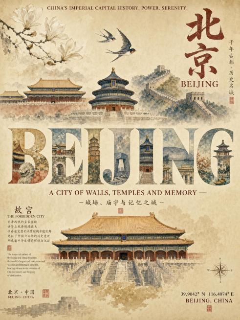 竖版复古城市海报，主色调为米黄旧纸色+古建红墙蓝瓦，整体复古水彩插画风，8K质感。
主体画面：
上半部分是北京地标水彩插画（故宫、天坛、长城剪影、玉兰花、燕子）；中间是“BEIJING”字母由不同北京预览效果