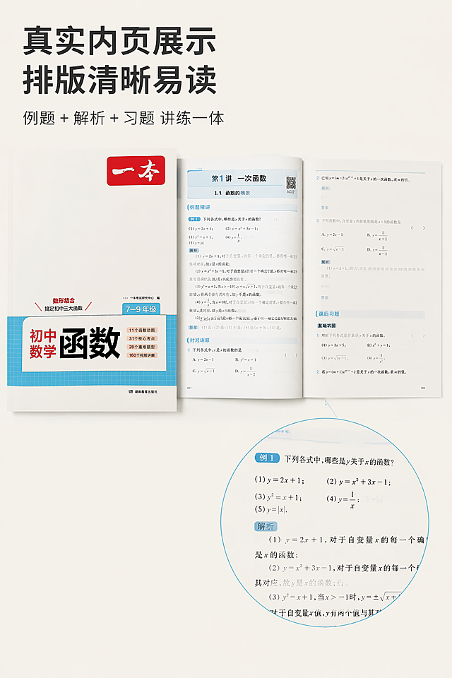 2:3 竖屏比例，极简留白风，纯净浅米白背景。画面顶部左对齐放置主标题 “真实内页展示 排版清晰易读”，副标题 “例题 + 解析 + 习题 讲练一体”。画面主体为图书翻开平铺展示，清晰呈现内页的例题排版、解题步骤、习题设计，严格还原上传的产品图，包括包装设计、颜色、LOGO 位置、文字内容、图案元素等所有细节，去掉无关的背景杂物或者手，产品尺寸比例保持 1:1。右下角放大展示内页文字细节局部，体现印刷清晰、纸质优质。整体光影均匀柔和，突出哑光纸质质感与排版整洁度。负面提示词：模糊不清，页面褶皱，文字歪斜，多余杂物，手部出镜，色彩失真，背景杂乱，水印，强反光，脏污痕迹，页面弯曲