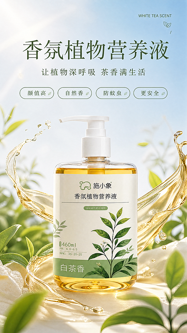 「图片1」参考图片风格，「图片1」上传您的商品图，生成1套详情页，用图2中的产品生成一张图一效果的爆款详情页，分10屏生成，详情页分屏上面的文案用下面:"1，颜值高
2、香味
3、不招蚊虫
4、使用场景：办公室、客厅、卧室、商场商店
5、人群：孕妇、家里有儿童
6、装根叶绿"这6个主题衍生扩写,并且颜色搭配用图一的，中英文结合，元素装饰也用类似图一的，首屏除外，首屏背景可以用类似图一首屏浅蓝色天空，流动的琥珀色营养液液体质感前后环绕营养液产品，分屏分别由产品中的液体展示、人物使用场景、植物使用过后的效果展示，对应主题痛点展示等组成，ins高级简约大气设计感强烈一点，视觉效果拉满，配色用米白+浅绿，不要改变产品外观形象
