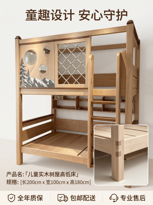 [主图 5] 服务承诺汇总。
[氛围风格] 简洁可信，消除购买顾虑。
[画质] 商业摄影质感，清晰干净。
[元素] 主图展示儿童床全景，保持产品外观结构与原图一致，右下角叠加抠图细节小图展示圆角处理工预览效果