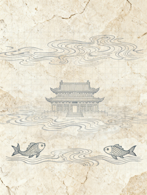 浅米色石材纹理为基底背景，低透明度叠加中国古代建筑图纸水印象纹与鱼纹等传统中式纹样，辅以浅灰色细格线作为辅助图层；整体色调雅致简约，兼具历史沧桑感与工业设计感，消除画面廉价感，提升信息图的专业度与文化预览效果