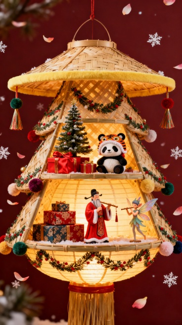 竹编巨型灯笼造型圣诞树（灯笼身编圣诞花环纹路，灯檐包浅黄竹边，灯穗系彩色绒球），灯笼内分层呈现国风圣诞场景：上层有迷你松柏圣诞树、红绸礼物盒、戴虎头帽的熊猫玩偶；下层有中式红袍圣诞使者摆件、堆叠的锦缎预览效果