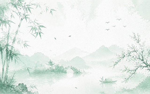 古风绿色水墨画，可更换全新元素，保留整体淡绿色调、水墨质感和中式留白雅致风格