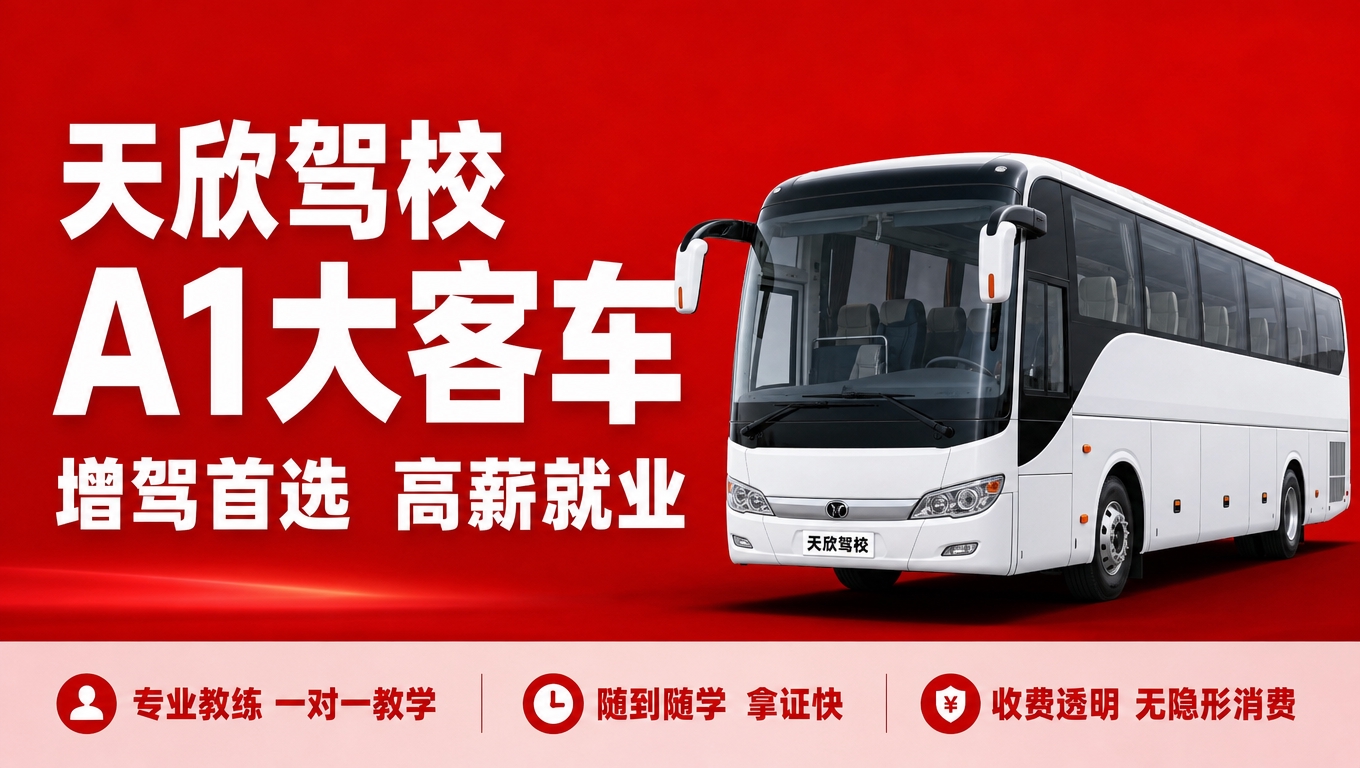 基于参考图的驾校红底白字风格，生成天欣驾校A1大型客车驾照培训… - 图片创意预览