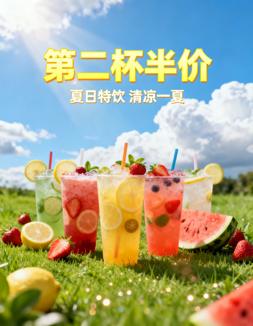 夏日奶茶店促销海报，清新活泼风格，画面中有色彩缤纷的奶茶杯和新鲜水果，背景是蓝天白云和绿色草地，海报需要突出显示"第二杯半价"的优惠信息预览效果