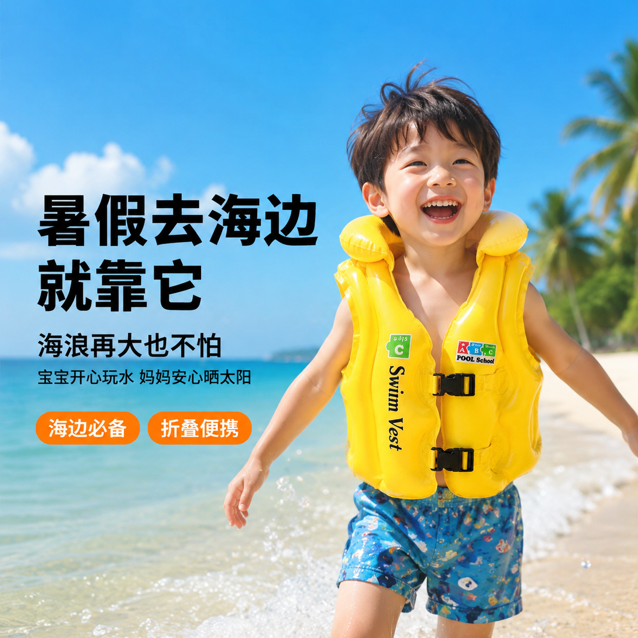 拼多多风格儿童浮力背心主图第四张，海边场景适用。画面右侧黄色儿… - 图片创意预览