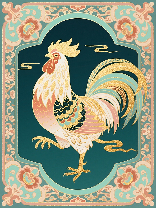 国潮风格年画，生肖鸡，敦煌壁画配色，烫金样式，主体鸡刻画丰富细致，周围环绕传统吉祥纹样，外层有花纹边框，边框样式丰富，画面细节丰富且符合逻辑，无文字