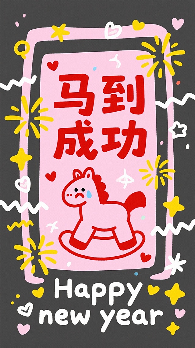 画面中心是红色艺术字“马倒成功”，边框点缀黄色烟花图案、卡通小马简笔画，嘴巴朝下，像哭的表情，文字“Happy new year” ，搭配波浪线、爱心和星星的可爱装饰元素，以粉色为底色，黄色和白色为主装饰色