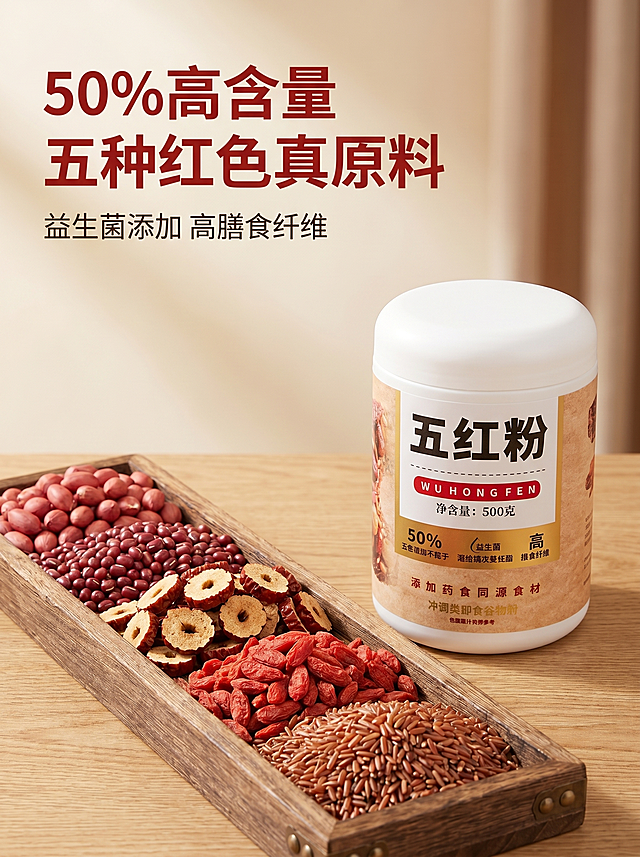 [主图 2] 五红粉核心五红原料展示。氛围风格：真实原料自然健康风格。画质：商业摄影质感、光线柔和通透、产品清晰真实、画面干净高级，2K分辨率文字清晰可辨。元素：保持五红粉产品罐外观与输入产品图绝对一致，杜绝任何变形和色差。产品罐放置在画面右侧，左侧原木托盘中整齐摆放五种核心红色原料：红衣花生、红豆、红枣片、红枸杞、红米，突出五真料搭配，真材实料一目了然。整体画面干净自然，商品主体突出。光影：自然柔光，通透柔和，突出每种原料真实质感，背景虚化突出主体。配色：主色调为原料自然暖红色调，搭配原木浅棕色，对比和谐温暖。视角构图：平视，左原料右产品经典构图，景深适中。文字版式：左上区域大字文案“50%高含量 五种红色真原料”，红色粗体，下面小字标注“益生菌添加 高膳食纤维”，文字在背景留白区域，不遮挡主体，清晰易读。比例分辨率：3:4比例，2K分辨率。负向提示词：变形，水印，文字错乱，产品图模糊，背景杂乱，色差，过度曝光。