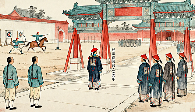 绘制清代东较场武举考试与林则徐阅兵场景，所有人物为线稿淡彩，无面部细节。左侧武举考试区域：清代考生穿号衣戴顶戴，留长辫着马褂，进行骑射、步射考试，动作参考武举项目。右侧林则徐阅兵区域：演武厅前牌坊下，数名清代官员站立，居中者穿红顶花翎清朝官服，面向演武场，标注小字"林则徐阅兵·1839年"。整体保持传统界画风格，色彩以朱红、石青为主，高清横向输出。