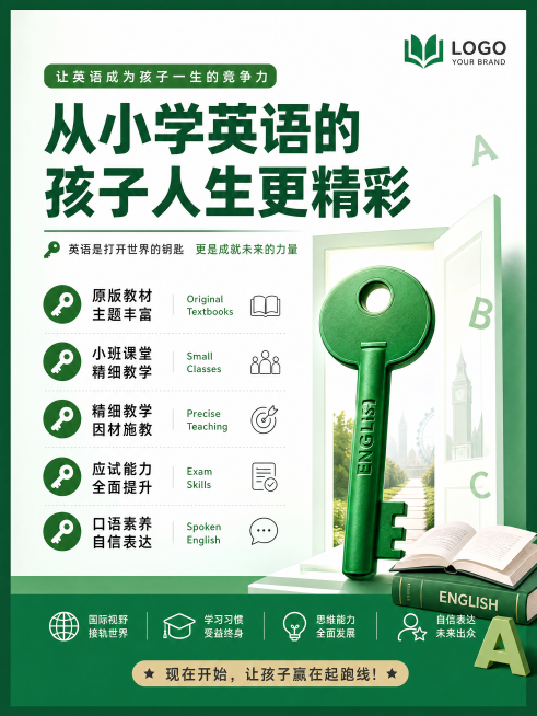 主色调 绿色 设计要求简洁 板正
正面
右上角logo， keywords钥匙符号 下划线
关键词英语

从小学英语的孩子人生更精彩

原版教材 主题丰富
小班课堂 精细教学
应试能力 口语素养预览效果