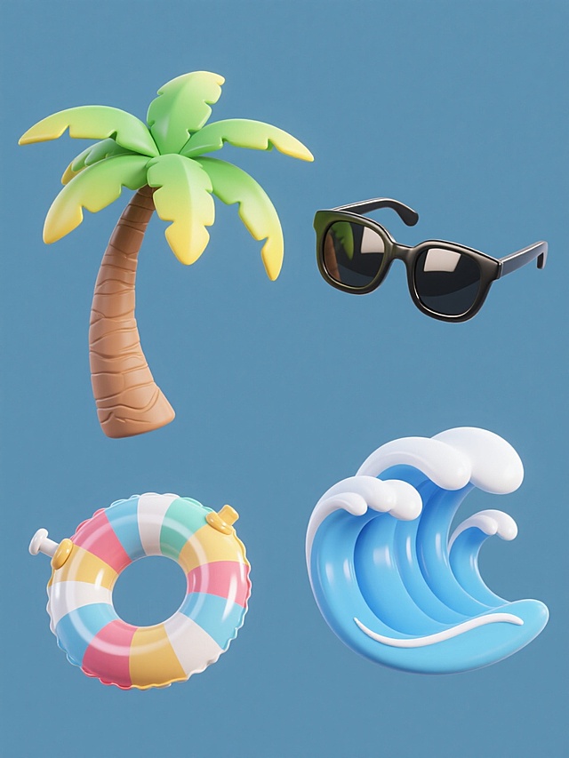 软3D风格插画，纯色背景，系列素材集合，规整排布四个完全不同元素内容，保持类目统一。第一个元素：一棵弯曲树干的绿色椰树，树叶呈放射状分布，边缘有黄色渐变，树干有纹理质感；第二个元素：一个彩色条纹游泳圈，带有充气阀门细节，表面光滑有光泽；第三个元素：一副黑色墨镜，镜框有金属质感，镜片有反光效果；第四个元素：蓝色海浪造型，波浪线条流畅，带有白色浪花细节，整体元素间距均匀，色彩明快协调。