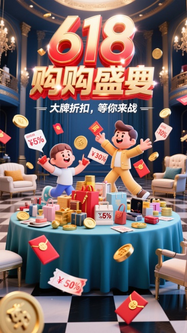 主标题"618抢购盛宴"，副标题:"大牌折扣，等你来战"。主标题为强烈的3D字体，颜色为红色和金色渐变，带有闪亮效果。副标题颜色为银白色。背景为豪华的购物盛宴大厅，桌子上摆满了各种特卖商品和折扣标签。预览效果
