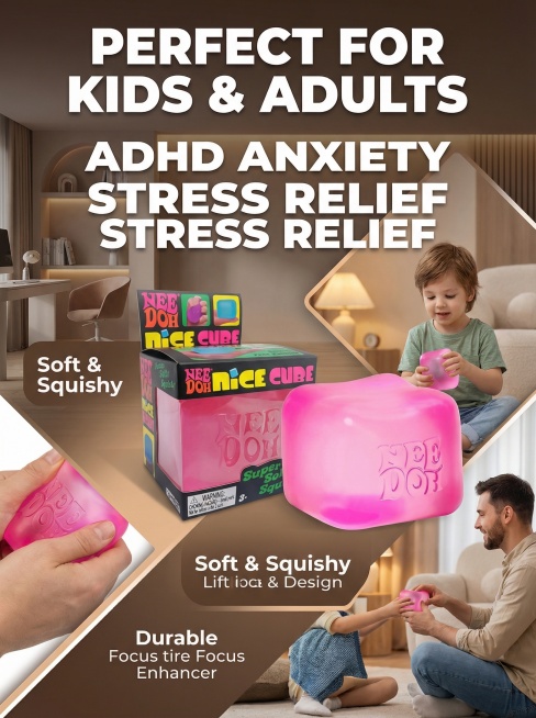 欧美跨境电商详情页，3:4比例，保留原图粉色渐变Nice Cube Nee Doh捏捏乐产品外观不变，切片设计风格，不要纯白背景，展示产品适合的使用人群与场景，英文说明突出，文字 "PERFECT F预览效果