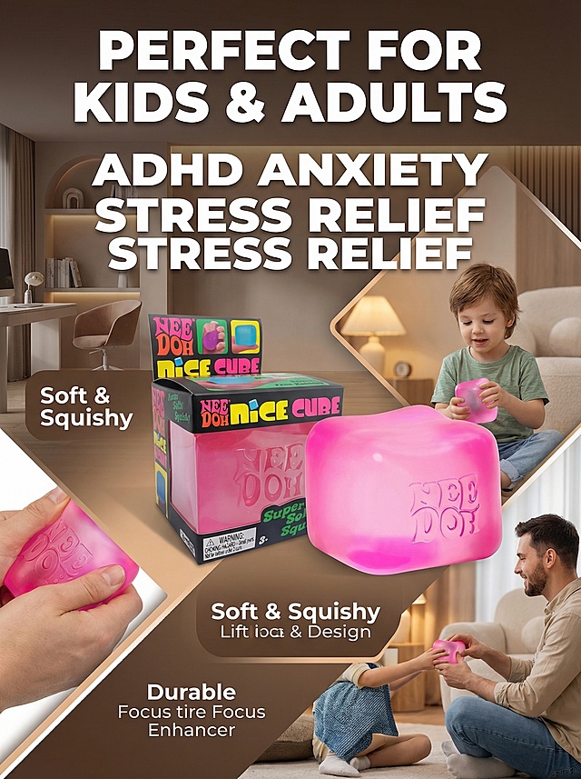 欧美跨境电商详情页，3:4比例，保留原图粉色渐变Nice Cube Nee Doh捏捏乐产品外观不变，切片设计风格，不要纯白背景，展示产品适合的使用人群与场景，英文说明突出，文字 "PERFECT FOR KIDS & ADULTS - ADHD ANXIETY STRESS RELIEF"，单图只展示一个产品，不要多图拼图