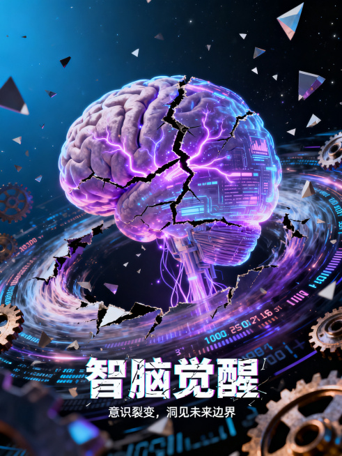 未来科技海报，中心是一个正在觉醒的全息AI大脑，一道不规则的极光紫(#9D5CFF)数据裂纹贯穿大脑，裂纹中溢出无数发光的神经突触与数据流，充满撕裂感。大脑周围的数字齿轮和代码流被强大的能量扭曲，形成预览效果
