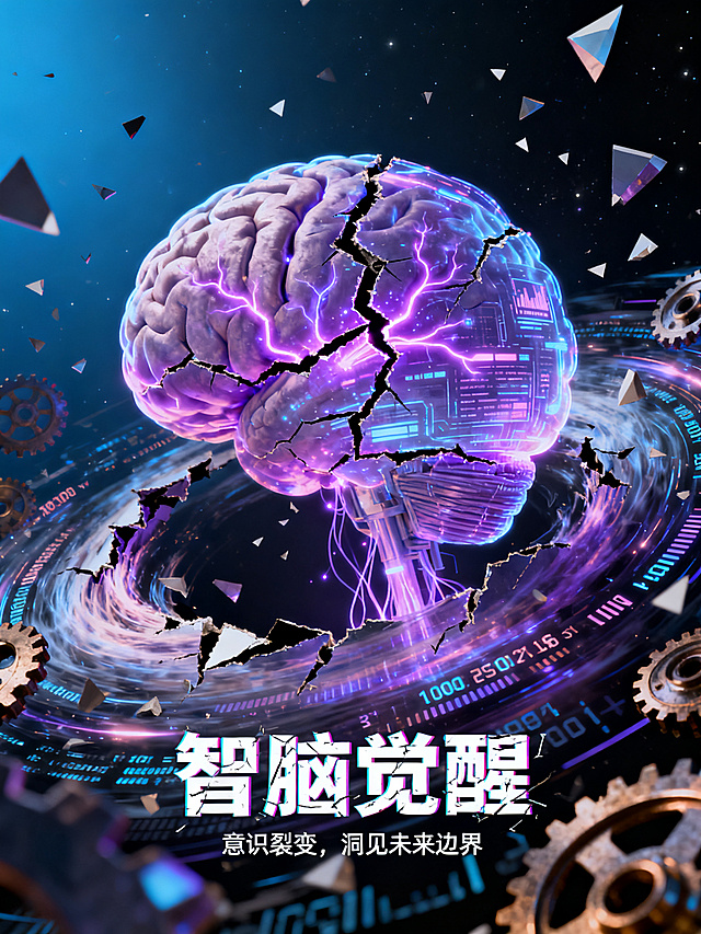 未来科技海报，中心是一个正在觉醒的全息AI大脑，一道不规则的极光紫(#9D5CFF)数据裂纹贯穿大脑，裂纹中溢出无数发光的神经突触与数据流，充满撕裂感。大脑周围的数字齿轮和代码流被强大的能量扭曲，形成旋涡状的动态撕裂效果。背景是深空蓝(#0A192F)到墨黑的渐变，点缀着破碎的几何碎片。电影级光影，高对比度，8K超高清，3:4竖版。画面中央是碎裂效果的艺术字：“智脑觉醒”，底部小字：“意识裂变，洞见未来边界”。