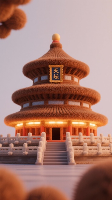 一个3D毛绒风格的天坛模型，匾额上清晰写着“天坛”两字，建筑整体呈现棕色调的全毛绒质感，毛绒有明显层次感，保留天坛原始形状，各个部分如同被柔软毛绒精心包裹，干净简洁的极简设计，超级可爱萌系，具有艺术性预览效果
