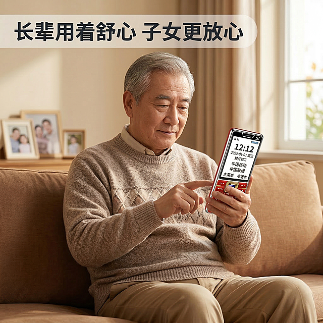 [垫图] https://gdesign-dam-hz.dancf.com/35878106623617132/34862bed86934ca7b3a081331943bbd6.jpg
[主图主题] 老人手机居家使用场景主图
[氛围/风格] 真实生活化场景，温馨自然氛围
[画面元素] 一位中老年男士（亚洲面孔）坐在家里沙发上手持这款老人按键手机，正在拨号操作，手机屏幕大字清晰可见，背景为柔和虚化的客厅环境，温馨日常光影，产品和人物交互自然，整体氛围真实可信，背景铺满全屏无边框
[配色色系] 主色调：产品红银；辅助色：暖棕色沙发 浅米色墙面，暖调自然光
[视角构图] 平视视角，中景构图，人物和手机为视觉焦点，景深适中
[文字版式] 主标题 "长辈用着舒心 子女更放心" 悬浮于画面左上角浅蒙层上，深色字体清晰醒目，底部留白，不遮挡主体人物和产品，产品外观必须和原图保持100%一致