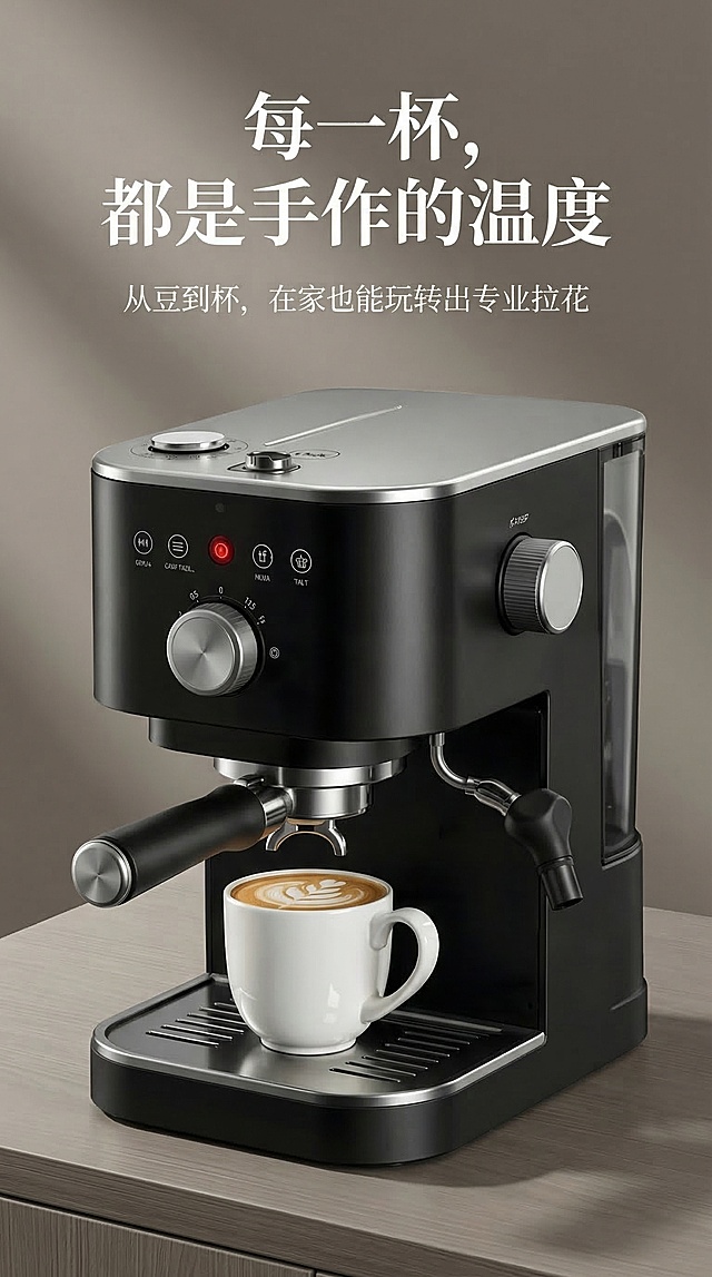基于这张咖啡机图片，设计竖版电商海报，主标题文字"每一杯，都是手作的温度"，副标题文字"从豆到杯，在家也能玩转出专业拉花"，整体风格高级简约，突出咖啡机产品，呈现高级质感，适合电商宣传推广