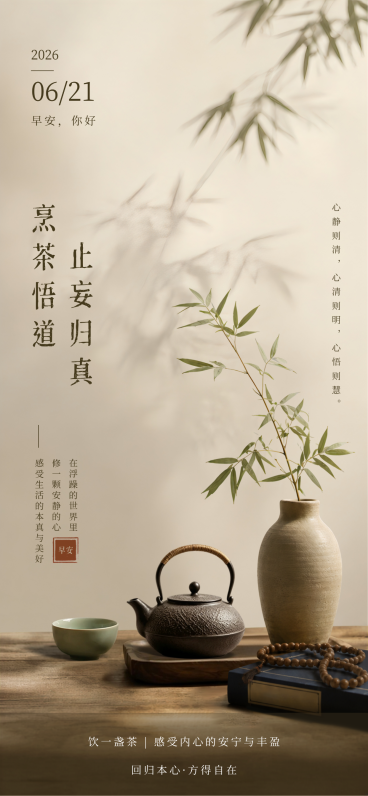 早安问候日签正能量清新中式感通用全屏竖版海报预览效果