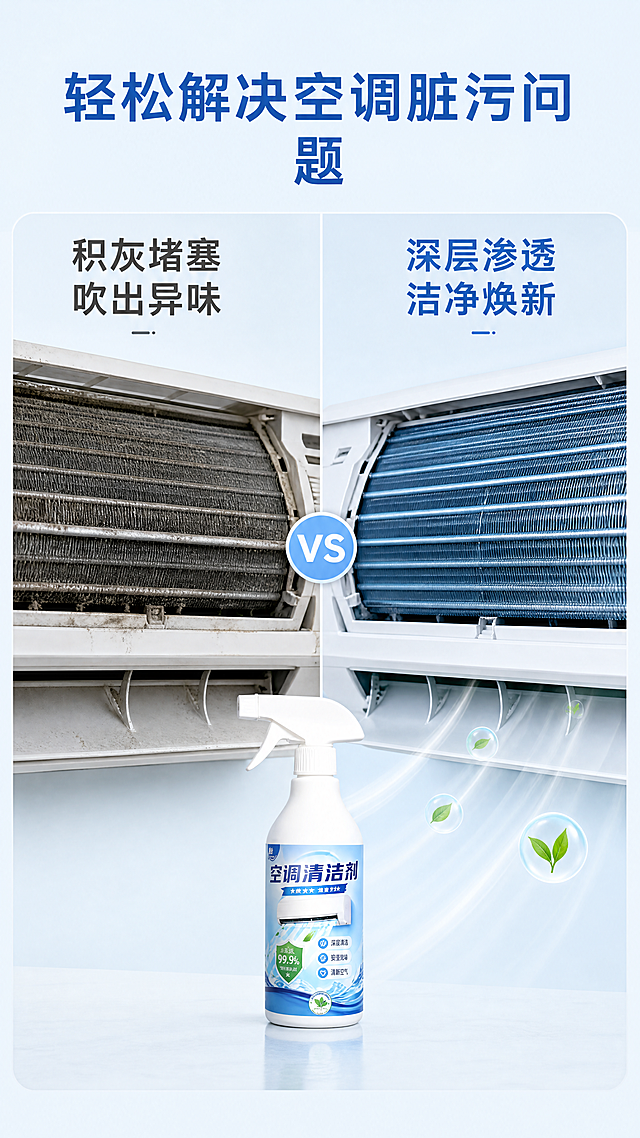 [第2屏] 空调清洁痛点展示页，对比使用前后效果。
[氛围/风格] 写实对比风，干净克制，不展示恶心污渍。
[元素布局] 左右分屏对比布局，左侧展示使用前空调散热片积灰发黄的场景，右侧展示使用清洁剂后洁净光亮的空调内部，空调清洁剂产品瓶身放在画面底部居中位置，保持产品物理结构和颜色与原图一致，左侧和右侧各保留文案区域。
[光影质感] 均匀柔和室内光，左右对比清晰，产品光影自然，明暗层次分明。
[配色色系] 全局底色：#F0F8FF（浅天蓝）；主体配色：#FFFFFF（瓶身）+ #5098E6（标签蓝）；辅助色：#BDBDBD（积灰）+ #81C784（洁净提示）。
[视角构图] 左侧和右侧分别展示空调细节对比，产品位于底部，整体左右均衡布局，信息层次分明。
[文字版式] 顶部大标题「轻松解决空调脏污问题」深蓝色居中，左侧痛点标题「积灰堵塞 吹出异味」，右侧解决标题「深层渗透 洁净焕新」，文字清晰不遮挡对比画面。
[比例分辨率] 9:16 竖版比例，4K分辨率，文字清晰可辨，超高清。
[负向提示词] 产品变形，标签文字错乱，夸张恶心污渍，水印，文字模糊，背景杂乱