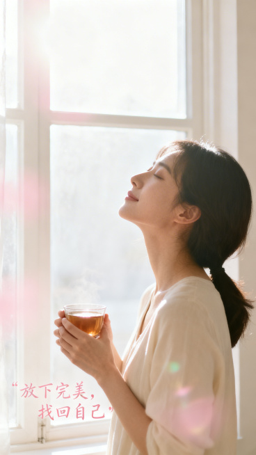 一位女性侧影站在窗前，阳光从窗外洒进来，她微微仰头，表情放松，手里捧着一杯热茶，画面有柔和的光晕，整体浅色调，充满温暖的阳光感，画面干净通透治愈。主色调为奶油白搭配暖杏色，用淡粉色作为点缀，在画面角落预览效果
