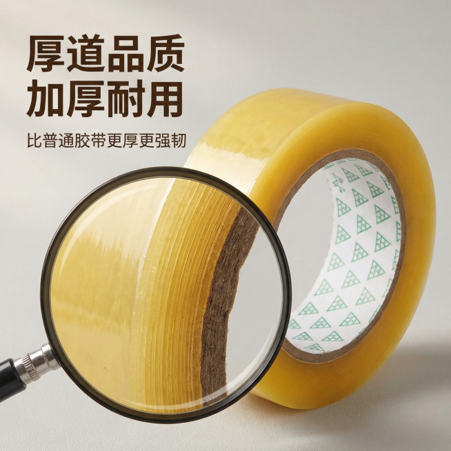 [主图 3 材质细节]，主题为包装胶带加厚材质特写，风格舒适简约家居治愈，画面元素为：使用放大镜效果放大展示胶带侧边的加厚层，清晰呈现多层厚实结构，胶带主体放置在右侧，放大镜框叠加在侧边位置，框内纹理预览效果