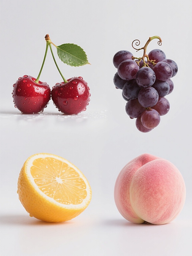 一张包含四个不同水果元素的系列素材集合，每个水果元素均采用超写实摄影风格，保持高清晰度和细腻质感，表面带有逼真的水珠效果以增强新鲜感。第一个元素为两颗鲜红樱桃配绿色叶片，第二个为一串深紫葡萄带卷曲藤蔓，第三个为半颗橙黄柠檬露白色果肉，第四个为一个完整粉红水蜜桃带绒毛质感。所有水果均以自然悬挂姿态呈现，背景为统一的纯色（非白色），整体色彩协调且每个水果保持其固有色调，元素间排布规整对称，形成平衡的视觉布局，无任何文字或标识元素。