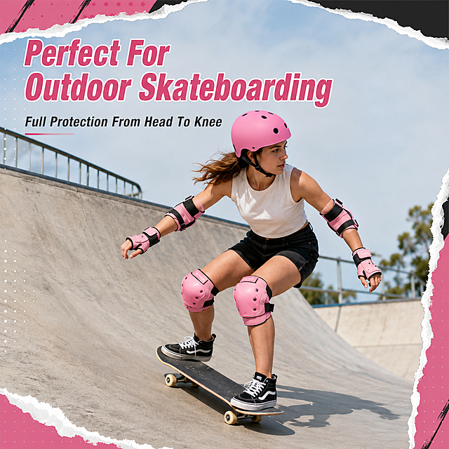 Outdoor skateboarding scene usage image for pink size L protective gear set. Amazon 800X800 square detail image. 
Show an adult skater wearing this full pink protective gear (helmet + knee + elbow + wrist guards) skateboarding at outdoor skatepark. Keep the product appearance same as original image, product not changed. Use sliced decorative effect on the image edges, product intact. 
Text: Main title "Perfect For Outdoor Skateboarding", sub title "Full Protection From Head To Knee". All English, no Chinese. 
Style: real outdoor scene, natural light, dynamic sport photography, 2K HD resolution. Background: skatepark ramp. Negative: Chinese text, wrong product color, distorted product.