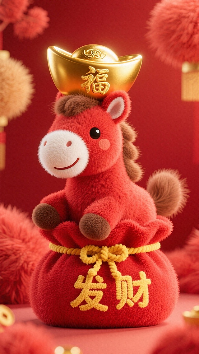 红色纯色背景，正面红色小马（白色口鼻、棕色耳朵内侧与鬃毛，可爱微笑），头顶带 “福” 字的金色元宝，坐在绣有 “发财” 的红色福袋中（黄色绳结系紧），马蹄搭在袋子签前缘