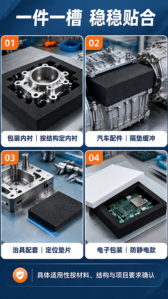 【第5张 场景细节·多场景拼贴型】
[商品] 使用图1黑色EVA泡棉板材与图2白色EVA泡棉板材（图4-图11参考图仅借鉴其四格场景与短标签结构，不照搬画面）。保留黑色内衬的开槽与绒面形态、白色板材的柔白哑光质感，不得改变颜色、结构与厚度。
[画面] 目标：呈现四类真实使用场景。2×2四格拼图，均为真实环境实拍：左上金属异形件嵌入黑色泡棉内衬托的开槽中；右上黑色泡棉隔垫夹在汽车配件之间；左中方形黑色垫片置于金属治具旁；右中白色板材与黑色内衬包裹电子元件与电路板；四格背景分别为车间工作台、浅灰工具台、蓝灰台面与浅灰防静电台垫。
[视觉] 套系策略：风格=专业工业定制类蓝白商务商业摄影；标题字=粗黑体；正文字=中等黑体；主色=深藏青蓝；背景延展=以深藏青蓝为基准做深浅层级与同色冷调磨砂渐变，卡面用磨砂纸感肌理；强调色=亮橙，仅用于小面积图标、引线、编号与标签；标题色=白与深藏青；正文色=深灰蓝；组件=圆角白色信息卡、细线引线、编号胶囊、参数表格；光影=左前侧柔光并带轻微轮廓光，产品信息面清晰。
[文字] 顶部深藏青标题条白字主标题「一件一槽 稳稳贴合」；每格底部白色标签条横排四个用途短词「包装内衬｜按结构定内衬」「汽车配件｜隔垫缓冲」「治具配套｜定位垫片」「电子包装｜防静电款」；底部说明条横排「具体适用性按材料、结构与项目要求确认」。所有文字横向排版，不遮挡场景主体。
[规格] 9:16竖版，4K，避免变形、错字、文字过小、竖排或旋转文字、二维码、水印、平台角标、绝对化用语、场景杂乱不符实际、板材颜色与结构改变。