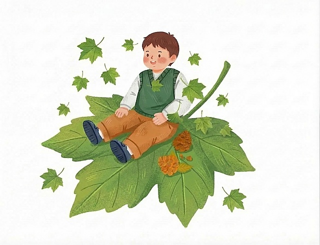 保持原可爱手绘插画画风，画面为男孩坐在绿色梧桐叶上，保留整体治愈清新风格