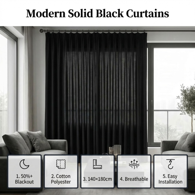 Complete key selling points overview for pure black 50% blackout curtains, main image of the curtain预览效果