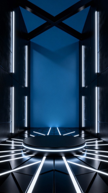 未来感十足的赛博朋克风格展示空间，深邃的暗蓝色调背景，中央是一个圆形黑色展台，展台边缘环绕着明亮的白色霓虹光带，地面由几何形状的黑色板块拼接而成，板块间镶嵌着白色发光线条，形成对称的放射状图案，两侧是高耸的黑色墙壁，墙壁上点缀着垂直向上的白色霓虹灯管，顶部有交错的黑色结构线条，整体光影对比强烈，光源集中在展台和地面线条上，营造出科技感、神秘感和高级感，空间空旷且具有延伸感，灯光柔和不刺眼，呈现……预览效果