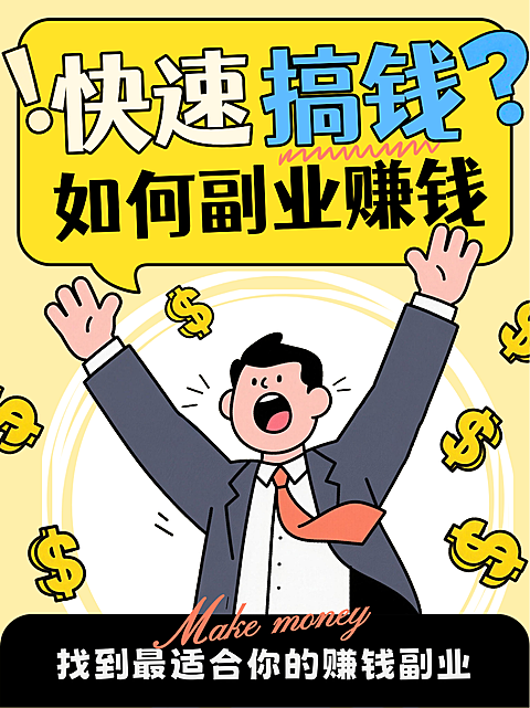 黄色卡通风趣快速搞钱副业赚钱攻略小红书封面