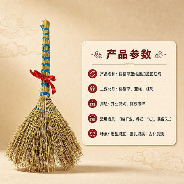 [商品] 使用【图1】糯稻草蓝绳捆扫把配红绳；保留扫把完整结构、比例、颜色、材质；商品处理：保留产品原貌，增强整体质感和细节清晰度。
[画面] 目标：产品规格参数展示，参数信息卡型；构图：左物右卡，左侧产品标准照直立摆放，右侧圆角信息卡列参数；景别：中景；阅读动线：从左到右；前中后景：前景产品+信息卡、中景浅暖色背景、背景细腻纹理；场景：干净整洁的产品展示场景，突出参数信息的清晰可读性。
[视觉] 套系策略：风格=中式喜庆古朴商业摄影；标题字=阿里巴巴普惠体粗体；正文字=阿里巴巴普惠体常规；主色=暖米杏色；背景延展=基于暖米杏色做深浅层级渐变、同色系纸张纹理质感；强调色=正红色，仅用于小面积图标、引线、标签和装饰元素；标题色=深棕红色；正文色=深暖灰色；组件=圆角浅底信息卡、细线引线、中式云纹装饰；光影=左前侧暖柔光，右侧柔和补光，产品底部带自然投影。
[文字] 信息卡顶部标题「产品参数」，下方横排列出：产品名称：糯稻草蓝绳捆扫把配红绳；主要材质：糯稻草、蓝绳、红绳；用途：开业仪式、陈设装饰；适用场景：门店开业、乔迁、节庆、民俗仪式；特点：造型规整、捆扎紧实、古朴美观；文字全部横排，字号清晰可读。
[规格] 图片比例1:1方版，4K分辨率，负向提示：避免变形、错字、文字过小、冷蓝/蓝灰背景、产品颜色改变、结构失真、极限词、环保/天然/原生态违规词、淘宝违禁词、小标致图案、平台Logo水印、竖排文字。