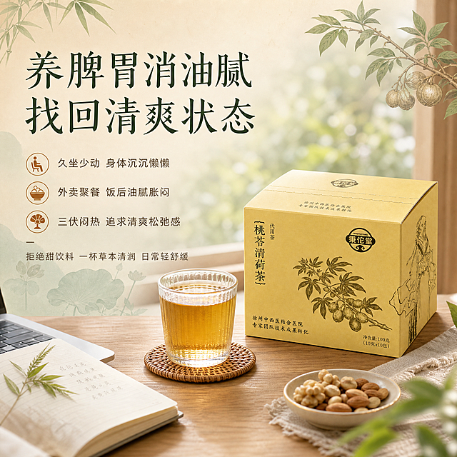 [主图-5] 主题：用户场景与体感共鸣，主打饭后解腻、久坐困倦、日常轻养的生活场景代入。
[统一基调] 轻新中式文艺风，整体低饱和、温润自然。背景主色为浅米黄+淡青绿渐变，点缀水墨竹叶、五指毛桃枝叶、荷叶剪影等中式草本元素。标题字色为深墨绿，辅助字色为赭石棕，强调色为浅金。字体：主标题用清雅宋体（带轻微手写笔意），辅助文案用细黑体。整体留白充足，质感柔和，不做厚重色块。
[画面] 画面营造温馨的日常居家/办公场景。一张原木色小桌上，摆放着产品包装盒（秉佗堂桃茯清荷茶黄色纸盒，保持外观一致，位于画面右侧，占比约35%）、一杯泡好的茶饮、一本翻开的书或笔记本，旁边有一小碟坚果或点心，暗示饭后或下午茶场景。窗外有柔和的自然光洒入，背景虚化，能看到淡淡的绿植剪影。整体氛围安静舒适，传递"日常轻养、找回清爽状态"的生活方式感。桌上还可以有打开的笔记本电脑一角，暗示办公场景。
[光影质感] 自然窗边柔光，温暖明亮，物体有柔和的投影。茶汤通透有光泽，木质桌面纹理自然。整体生活方式摄影质感，温馨治愈。
[配色] 背景暖米白+浅木色+淡绿，文字深墨绿+赭石棕。
[文字版式] 左上区域文字，主标题："养脾胃消油腻 找回清爽状态"。下方三行痛点共鸣短句："久坐少动 身体沉沉懒懒"、"外卖聚餐 饭后油腻胀闷"、"三伏闷热 追求清爽松弛感"。底部一行小字："拒绝甜饮料 一杯草本清润 日常轻舒缓"。文字左对齐，主标题醒目，辅助文字清晰。
[输出要求] 1:1正方形，2048px×2048px，文字清晰可读，产品清晰完整，无变形错字。禁止出现医疗功效宣传、治病减脂等违禁词，禁止平台Logo、水印、二维码。禁止出现人物面部（可以有手部局部，但不强制），禁止杂乱背景。