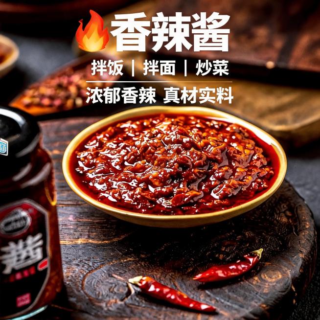 香辣酱商品主图，真辣椒香辣浓郁，下饭炒菜多种做法，棕色食欲氛围，深色木质背景，展示一碗盛出的香辣酱，旁边搭配完整红辣椒和瓶装酱料，电商淘宝1:1主图风格，美食摄影，暖棕色调，高质感，突出酱料颗粒感预览效果