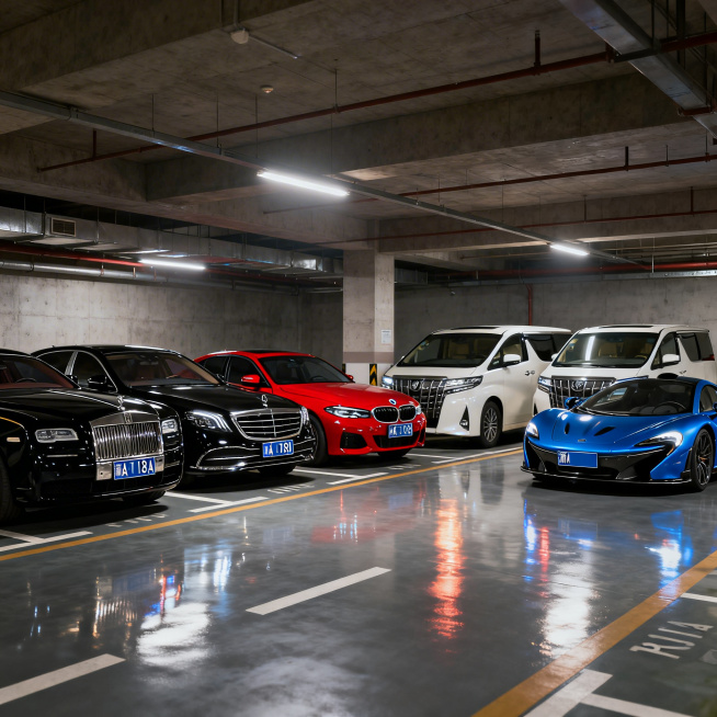 地下车库场景，停放着多辆豪车：黑色劳斯莱斯，黑色奔驰迈巴赫，红色宝马118i，两辆丰田埃尔法，蓝色迈凯伦P1，所有车辆的牌照均为浙A开头的牌照，室内地下车库环境，光线均匀，高清写实风格预览效果