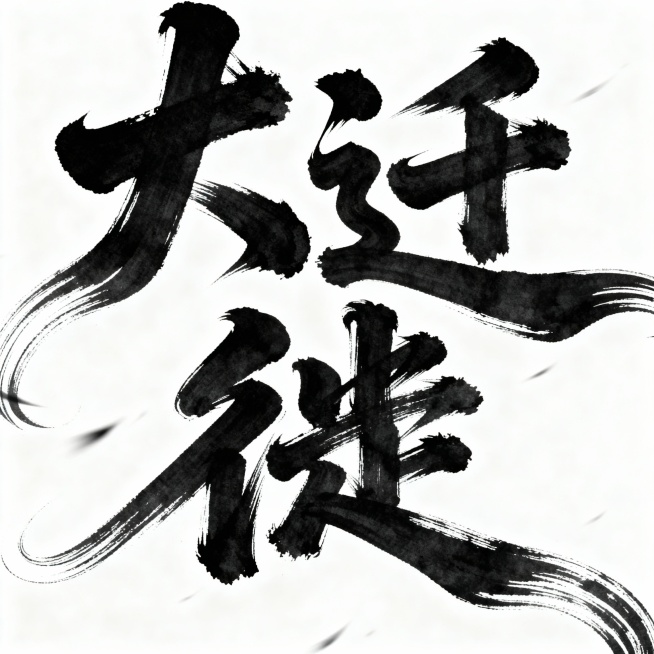 书法字体海报“大迁徙”，草书字体狂野奔放，视觉张力富有动感，超粗笔画流畅飘逸，笔画巧妙延长变形，飞白效果，笔画流畅潇洒，干净背景，大师海报作品，电影海报预览效果