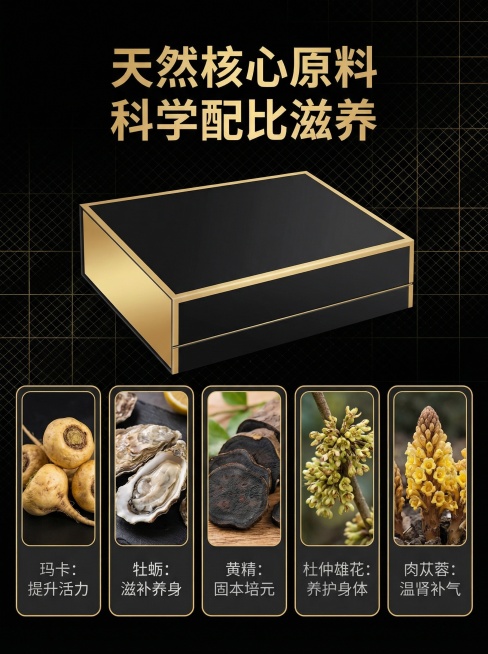 [主图主题] 核心成分 天然滋养
[氛围/风格] 高端自然奢华风，黑金配色，纯净高级
[画面元素] 画面中央分栏展示五种核心原料：玛卡、牡蛎、黄精、杜仲雄花，每种原料放置真实食材特写图，排列整齐，产品预览效果