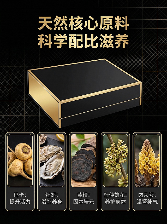 [主图主题] 核心成分 天然滋养
[氛围/风格] 高端自然奢华风，黑金配色，纯净高级
[画面元素] 画面中央分栏展示五种核心原料：玛卡、牡蛎、黄精、杜仲雄花，每种原料放置真实食材特写图，排列整齐，产品包装盒放置在画面顶部作为展示，背景黑色搭配金色细格纹
[配色色系] 黑底金色描边，原料自然原色点缀
[视角构图] 上产品下成分的上下排版，构图规整清晰，留白舒适
[文字版式] 顶部主标题“天然核心原料 科学配比滋养”加粗金色大字；每种原料下方标注成分名称和功效简介“玛卡：提升活力；牡蛎：滋补养身；黄精：固本培元；杜仲雄花：养护身体”，字体银色，小字号，排版对齐工整，每个成分独立卡片，卡片带金色细边框
[比例分辨率] 3:4比例，2k分辨率