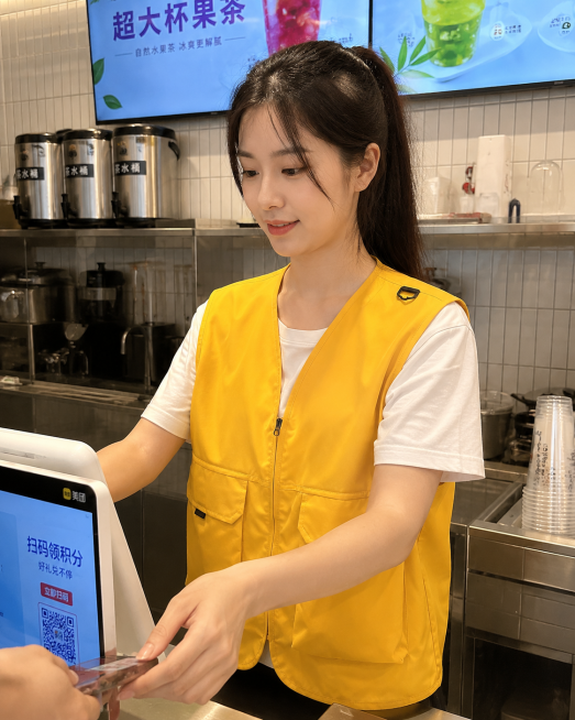 在奶茶店内，女服务员穿着黄色马甲工装，展示衣服面料细节质感，手机实拍，像是随手拍的买家秀图片，模特是普通颜值女服务员，正在前台结账，工作状态，整体像素清晰，光影自然，完美双手，五根手指，骨骼结构正常，预览效果
