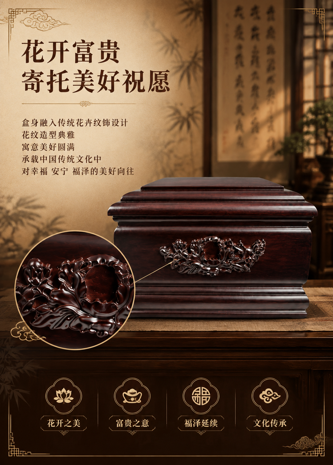 [商品] 使用【图6】花开富贵摘亚木实木骨灰盒正面雕花图；保留… - 图片创意预览