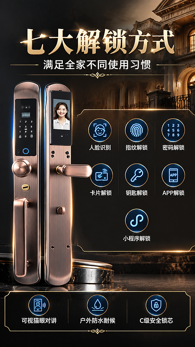[商品] 使用【图2】欧式别墅指纹密码锁红古铜色前面板；保留红古铜色、触摸键盘、人脸识别摄像头、指纹识别区的外观和位置；增强金属质感，不改变产品结构。
[画面] 目标：核心卖点总览，7大解锁方式+核心功能快速认知。构图：左侧产品竖版展示占40%，右侧信息区占60%，上方主副标题，下方7个icon解锁方式分两排排列，底部3个核心功能卖点。阅读动线：从上到下，从左到右。
[视觉] 套系策略：风格=高端欧式轻奢商业摄影+科技感；标题字=粗黑体衬线结合，厚重有力；正文字=简洁无衬线体；主色=红古铜金+深炭黑；背景延展=基于深炭黑做渐变层次，搭配暖金色光效和欧式建筑元素；强调色=科技蓝，仅用于小面积功能光效、图标和标签点缀；标题色=暖金色+白色；正文色=浅暖灰+白色；组件=圆角黑金信息卡、金色细线引线、欧式装饰线条；光影=右前侧暖金柔光+左侧冷蓝轮廓光，突出金属质感和立体感。
[文字] 顶部主标题"七大解锁方式"，副标题"满足全家不同使用习惯"；7个解锁方式icon配文字："人脸识别""指纹解锁""密码解锁""卡片解锁""钥匙解锁""APP解锁""小程序解锁"；底部3个核心卖点："可视猫眼对讲""户外防水耐候""C级安全锁芯"。文字全部横向排版，字号保证手机端清晰可读。
[规格] 图片比例9:16竖版，4K，负向提示：避免变形、错字、文字过小、产品结构改变、颜色偏差、竖排文字、塑料质感。