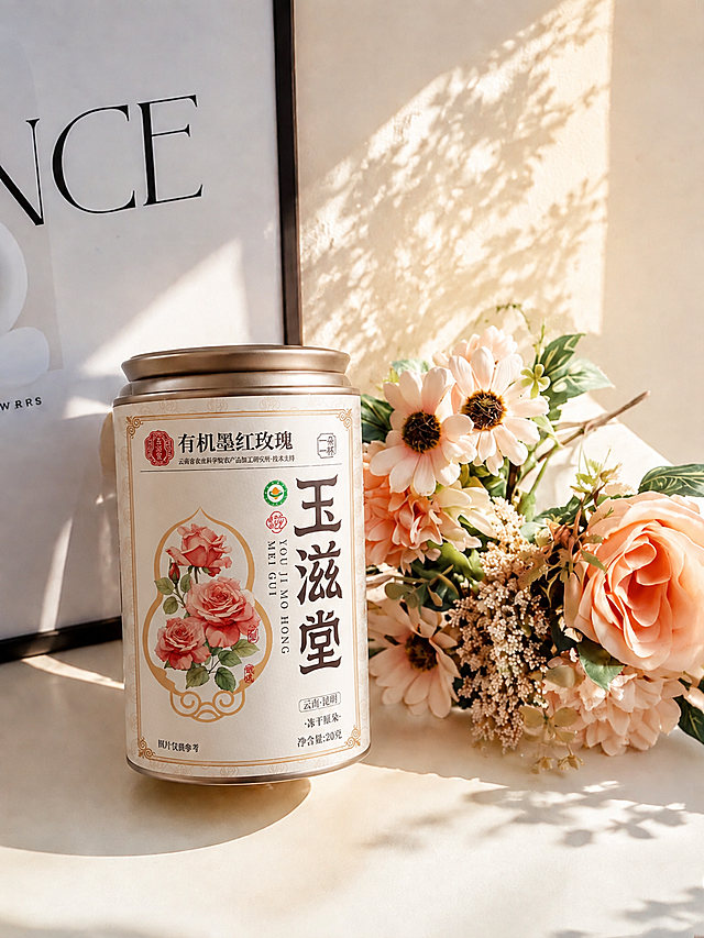 将图中的产品罐替换为第三张图中的玉滋堂有机墨红玫瑰产品包装，保持罐子的形状、角度、光影和场景不变，只替换罐身的标签图案和文字为正确的产品包装：红色圆形logo、有机墨红玫瑰标题、玉滋堂大字、葫芦形边框内的粉色玫瑰花图案、云南省农业科学院字样、云南昆明冻干原朵、净含量20克等，确保标签与罐子弧度贴合，光影自然，与场景融合真实