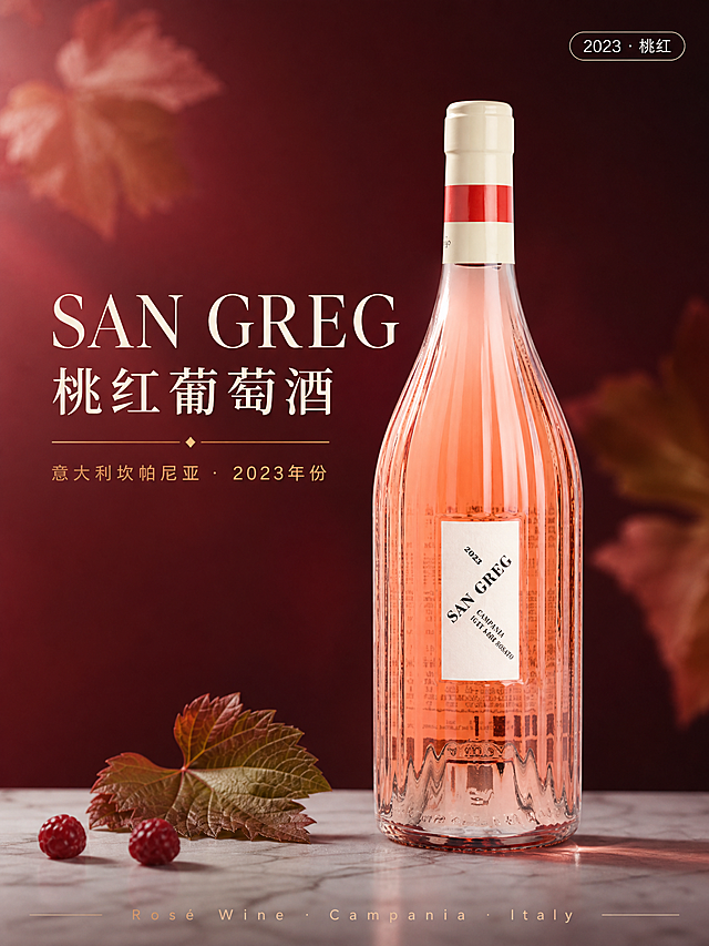 [第1张] 详情页首屏头图封面 - SAN GREG 桃红葡萄酒。本张使用【图3】作为商品主体。
[氛围/风格] 简约高级氛围感，酒红色调，商业摄影质感，优雅轻奢。
[元素布局] 酒瓶置于画面中央偏右，占比约60%，瓶身竖纹玻璃质感、粉红酒液颜色、白色标签与红白瓶盖细节与输入产品图完全一致；左侧留标题区；背景为深酒红色渐变，点缀柔和光晕与虚化葡萄叶剪影；底部有浅灰色大理石台面承托，台面散落2-3颗新鲜红莓与一片葡萄叶装饰。
[光影质感] 左上方柔和侧光照明，瓶身玻璃有清晰高光条，酒液通透有光泽，右下自然投影，整体明暗层次丰富。
[配色色系] 全局底色 #6B1F2A 深酒红渐变；主色酒红、米白；辅助色金色细线、桃红水果点缀。
[视角构图] 正面微仰视，产品为视觉中心，阅读动线左上标题 → 中部酒瓶 → 底部装饰。
[文字版式] 左上标题区，主标题「SAN GREG 桃红葡萄酒」大号衬线字体米白色；副标题「意大利坎帕尼亚 · 2023年份」小号无衬线字浅金色；右上角小标注「2023 · 桃红」圆角胶囊形底白字；底部小字英文装饰「Rosé Wine · Campania · Italy」。文字不遮挡瓶身主体。
[比例分辨率] 3:4 竖版比例，750px宽，高清画质，文字清晰可辨。
[负向提示词] 瓶身变形，缺件错件，标签文字错乱，颜色偏差，水印，文字模糊，背景杂乱，产品比例失调。