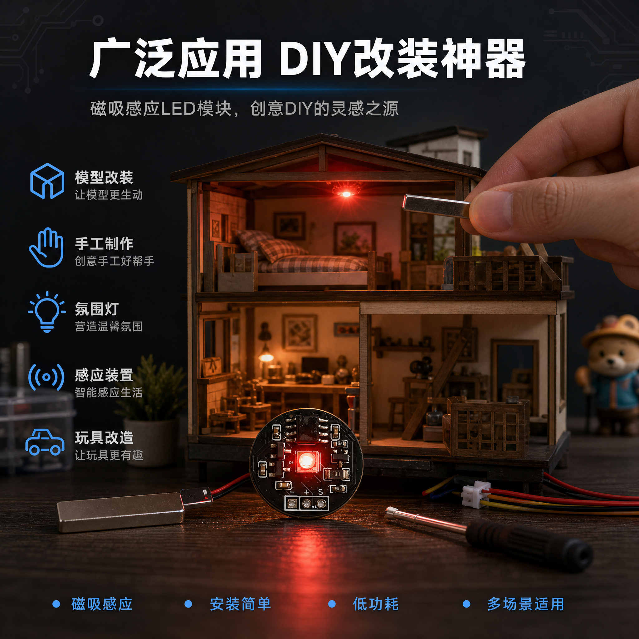 [主图-4] 应用场景图，展示磁吸感应LED模块的DIY改装应… - 图片创意预览